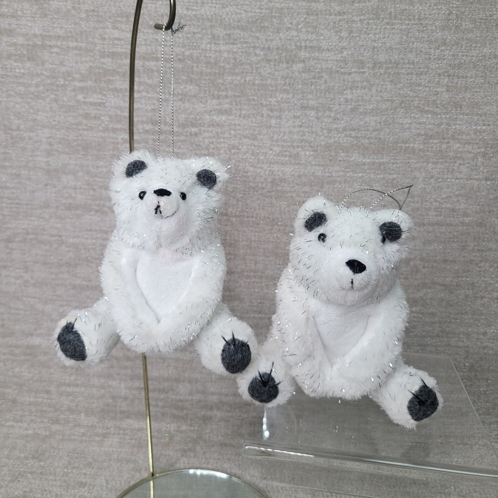 Target Polar Bear Christmas Ornaments Set of 2 White Tinsel Plush Retired Nice